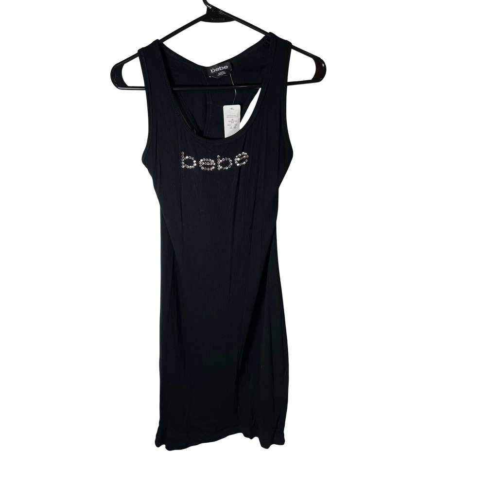 Bebe Black Ribbed Cross Back Tank Dress Swarovski Crystal Logo L 70J3Q102T025